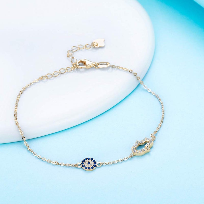 Kaletine Hamsa Hand of Fatima Evil Eye Bracelet Sterling Silver 925 Blue Cubic Zirconia Chain 6.5"+1.5"(Gold) - Image 3